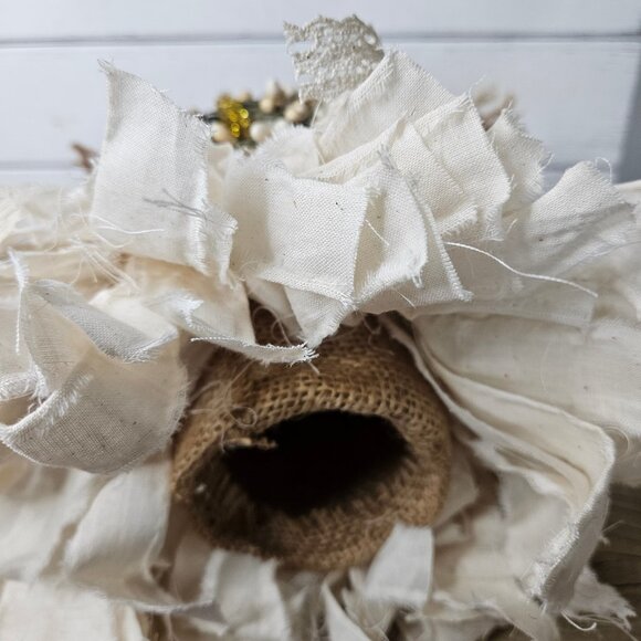 Boho Farmhouse Primitive Cream color Muslin Rag Christmas Angel Tree Topper - Picture 5 of 5